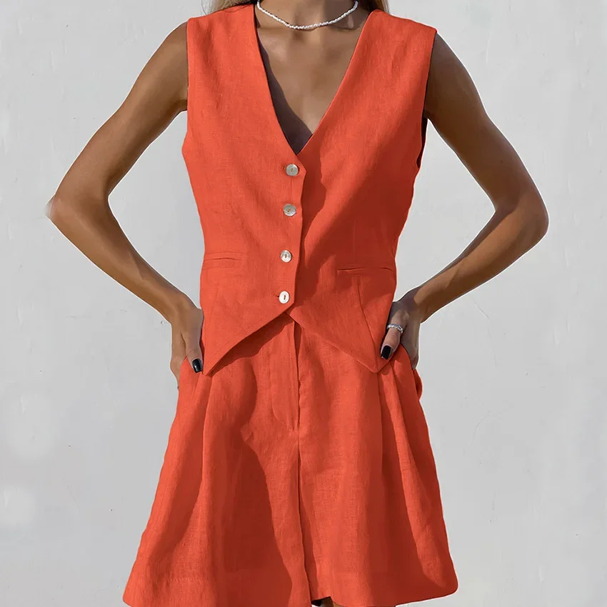 

Linen Waistcoat Shorts Sets Women Elegant Sleeveless Single Breasted Top Two Piece Set Womens 2025 Summer Lady Tank Set Casuals