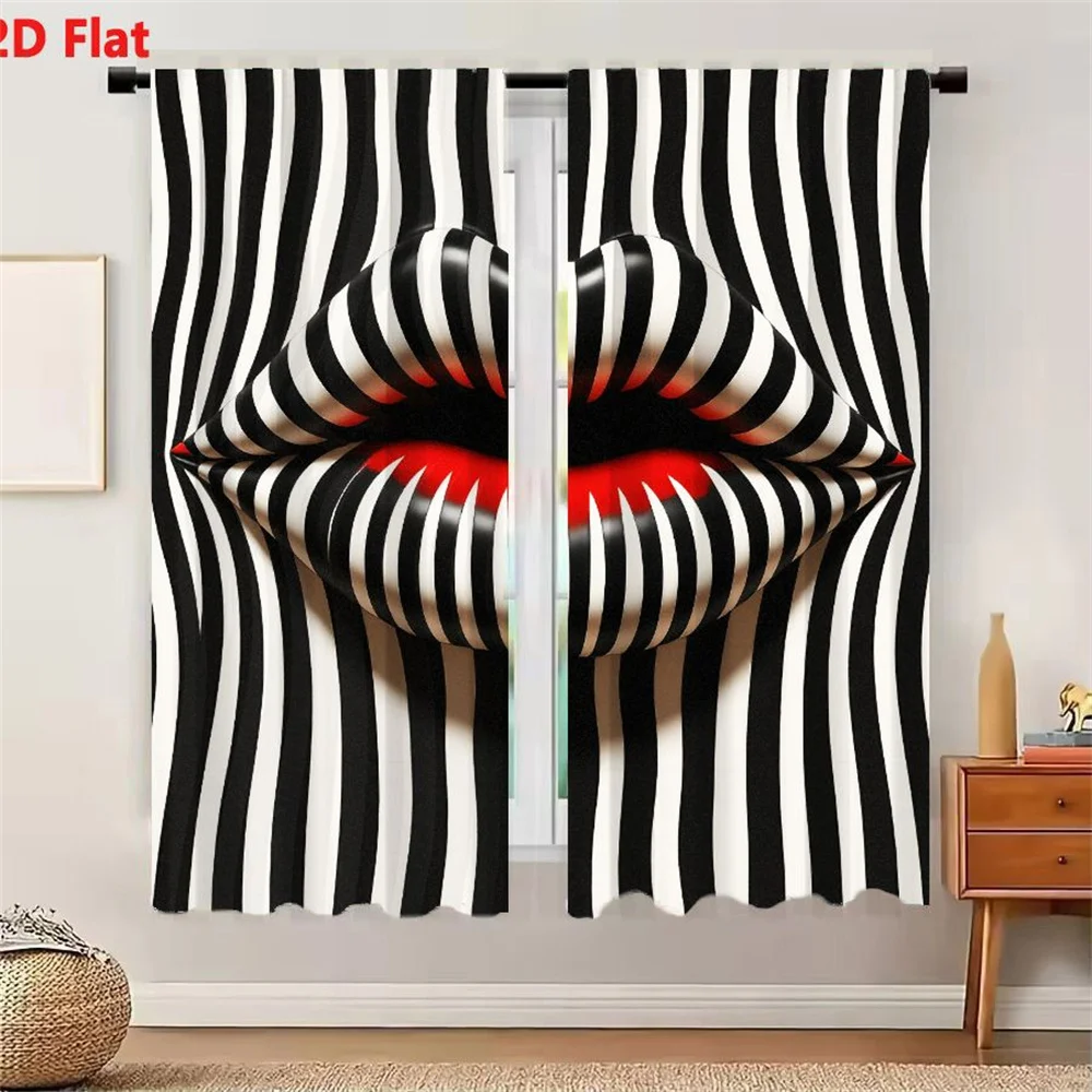 2Pcs Curtains 2D Flat Stylized 3D-Rendered Lips With Vertical Black White Stripes And Vivid Red Inner Area On Repeating Vertical