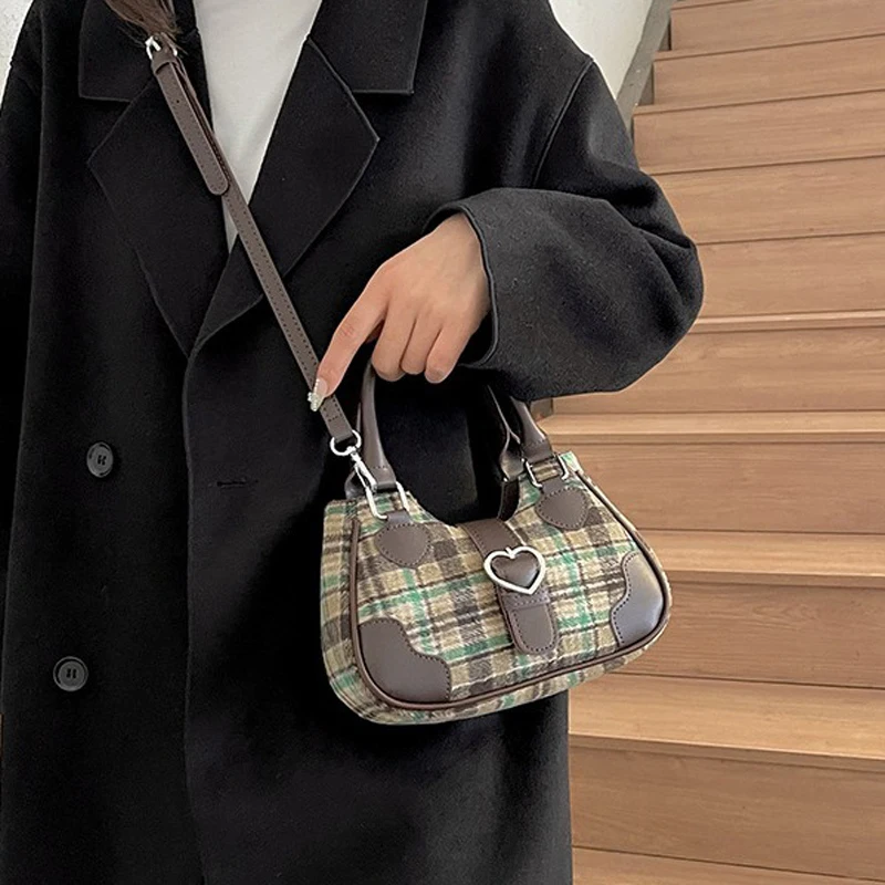 Womens Plaid Handbag Korean Fashion Satchel Sweet Cute Elegant Casual Shoulder Bag Autumn Winter Woolen College Girls Armpit Bag