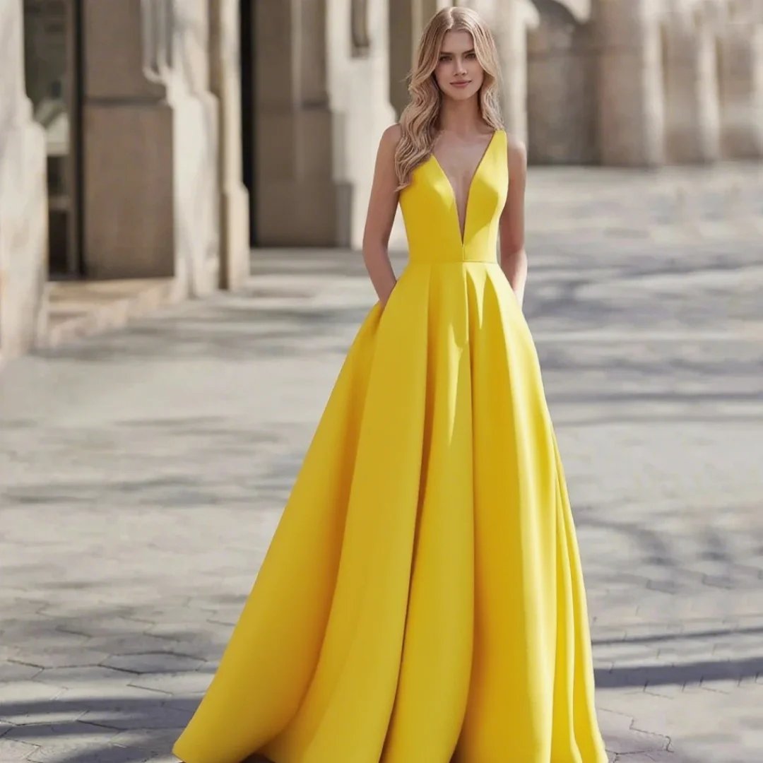 

Customized classic appliquéd deep V-neck sleeveless A-line evening dress for ladies, suitable for formal events.