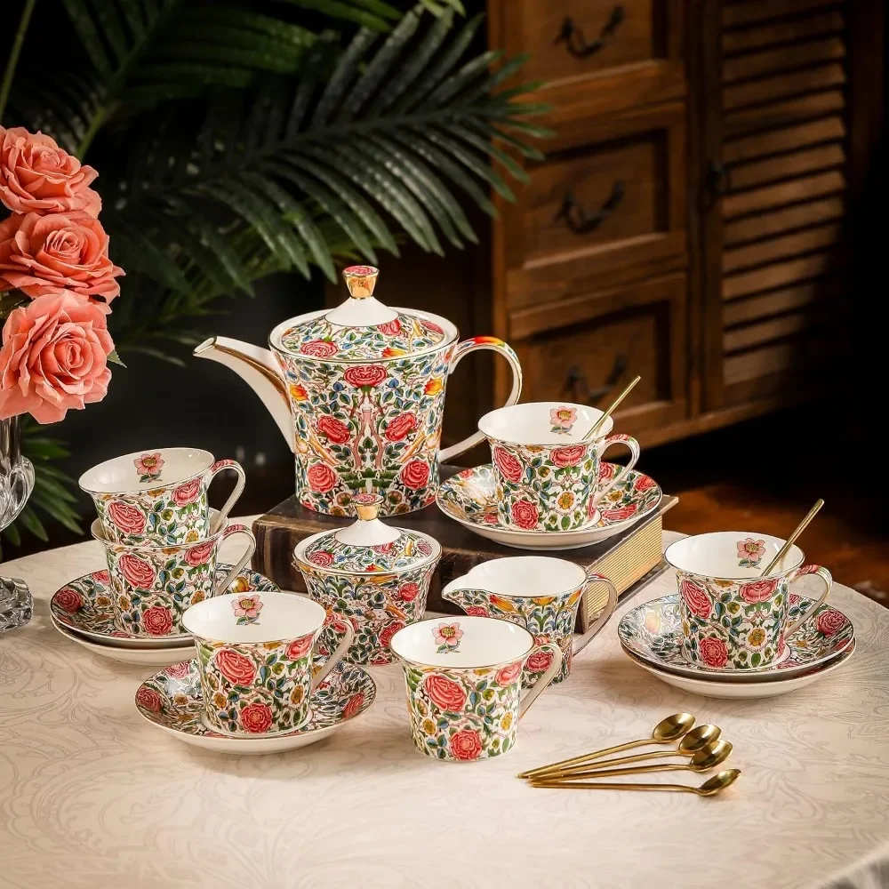 

21-Piec Tea Set with Teapot, Rose Floral for Adults, British for Women Tea Party or Gift Giving, Teaware Sets
