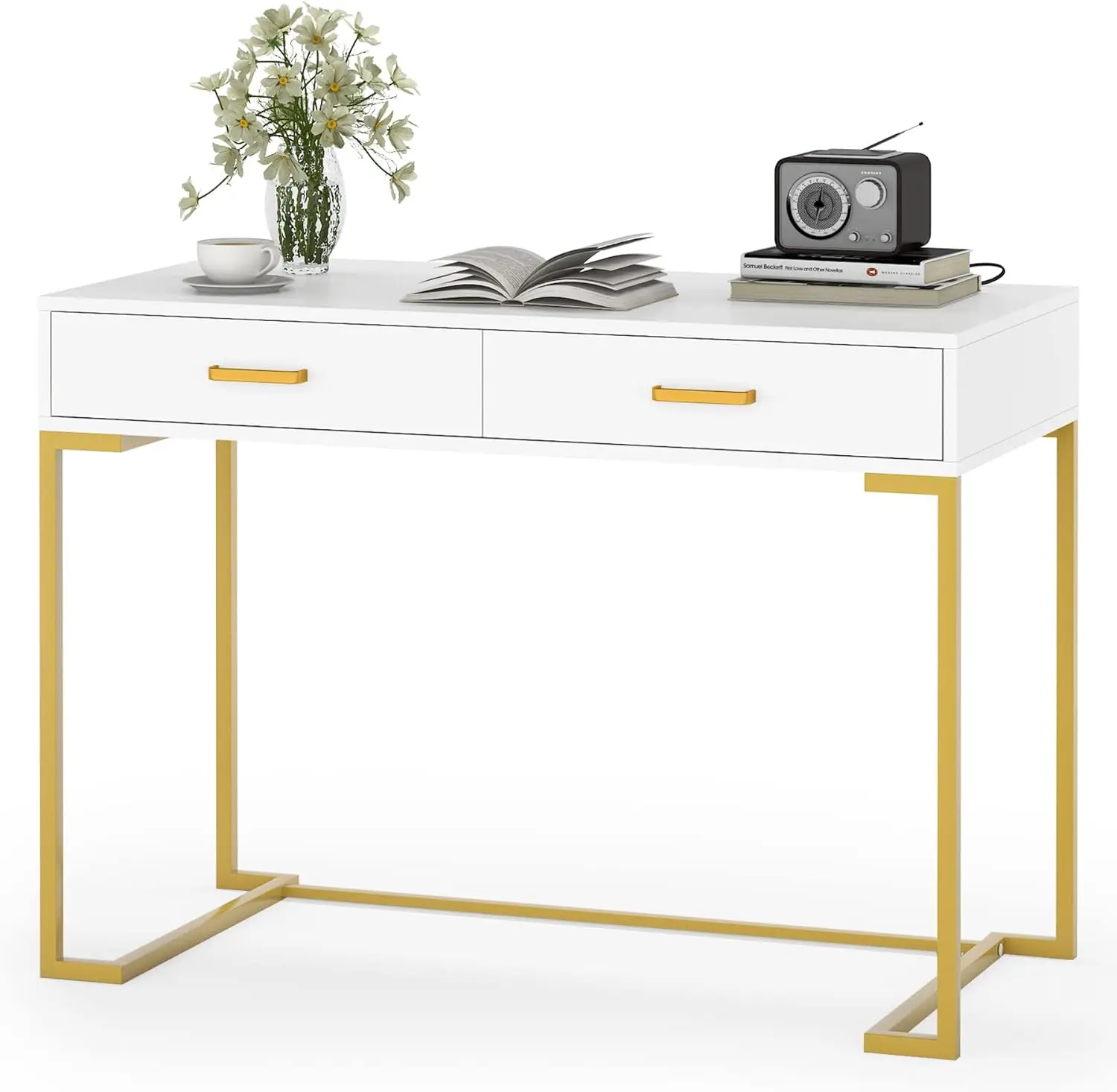 

Computer Desk with 2 Drawers, 39.4” Modern Simple White and Gold Writing Desk with Storage Drawers, Makeup Vanity Console Table