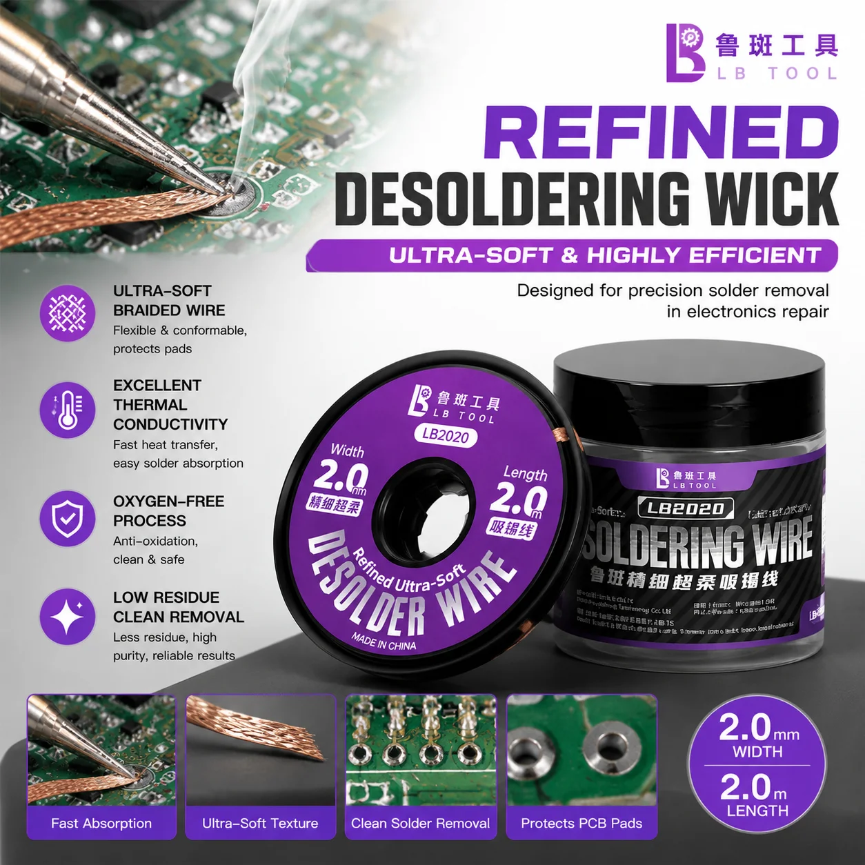 LB TOOL LB2020 Desoldering Wick Wire 20mm 20m High Efficiency Solder Absorption For Mobile Phone Circuit Board Maintenance
