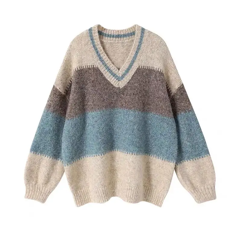 Winter Women Sweater Pullover Knit Jumpers Loose Striped Pull Jumpers Korean Style Knitwear Casual Top Cashmere Sweaters