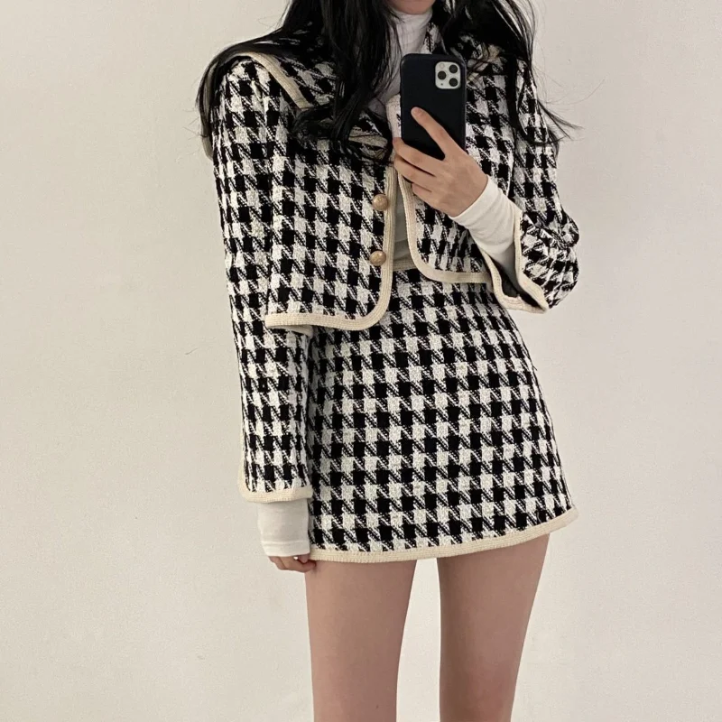 

Women Autumn Winter Korean New Lapel Skirt Suits Fashion Socialite Plaid Coat Twrapped Hip Half Skirt Long Sleeve Two-piece Set