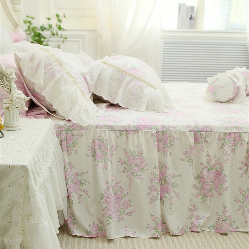 Pure Cotton Bed Sheet French Floral Princess Style Double Bed Skirt Bed Sheet Elegant Bedspread King Size Home Bedroom Bedding