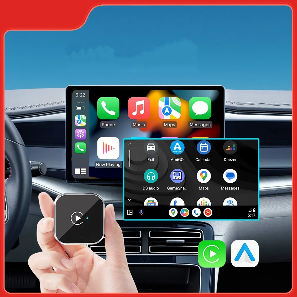 P2826 Wired to Wireless CarPlay Android Auto Adapter T-shaped Button Style Dual Channel Smart Mini AI BT 2.4G Box Plug And Play