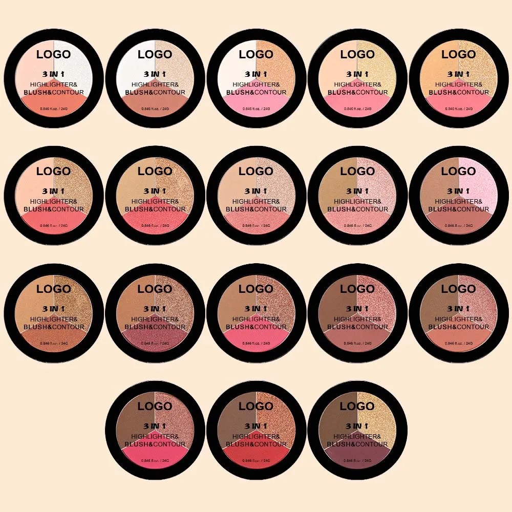 

Makeup Palette Blush Highlighter Contour 3 in 1 Cosmetics Private Label Pigment Vegan Face Matte Shimmer Blusher Wholesale 5pcs