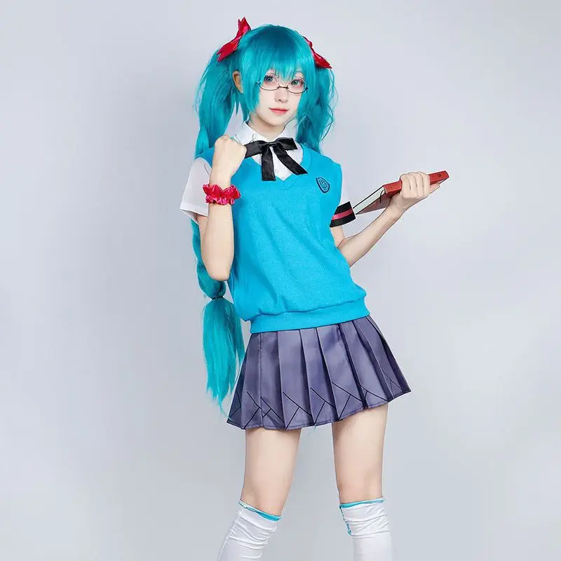 New Hatsune Miku cosplay cost 16th anniversary Comic con beautiful girl JK clothing vest skirt Necklaces  Headress complete set