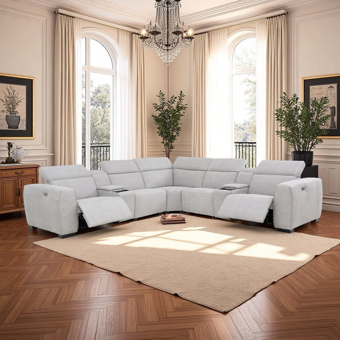 xx- Living Room Corner Sofa Electric Function Tech Fabric Large L-shaped Design High Backrest Adjustable Storage Sponge*