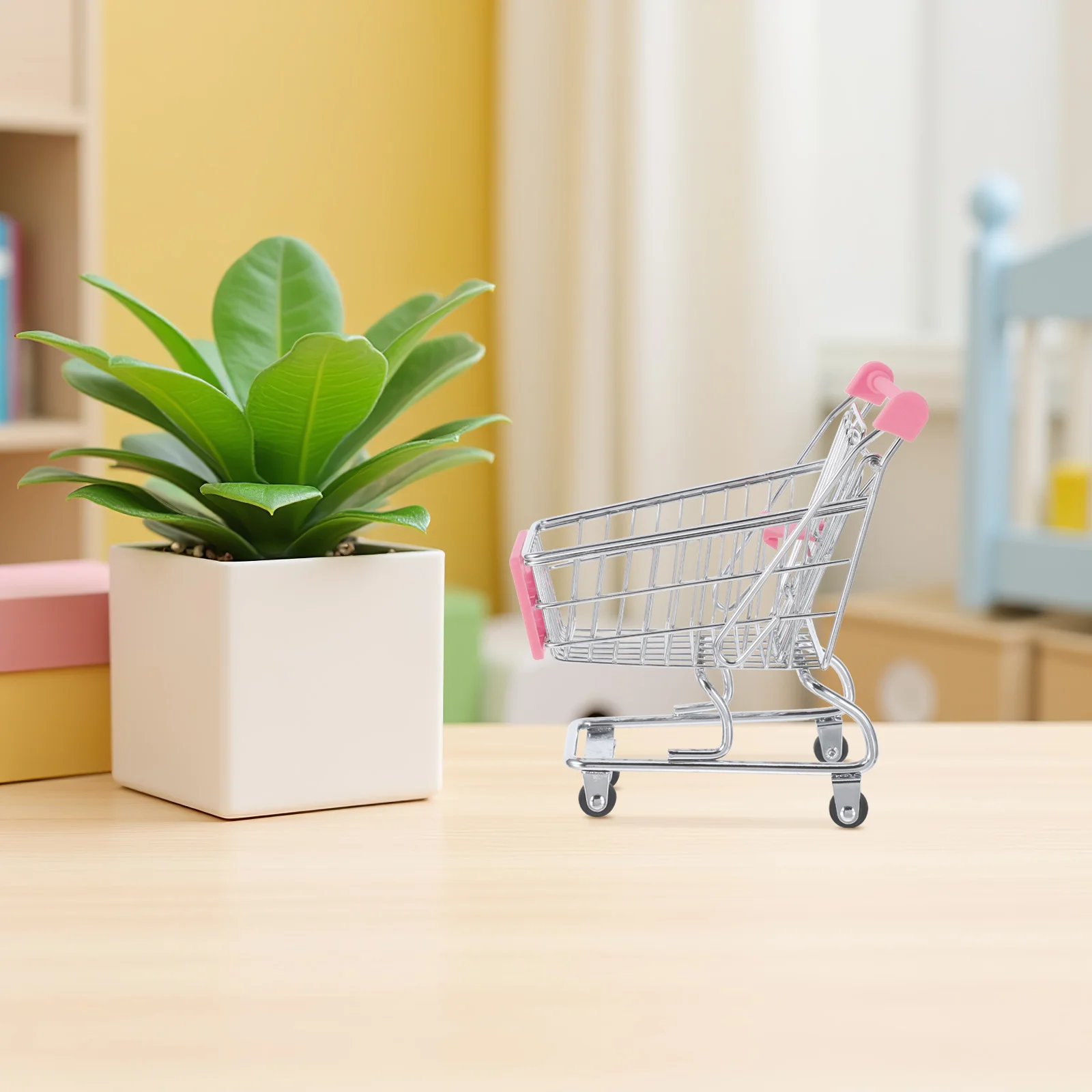 Mini Shopping Cart Metal Grocery Cart Pretend Play Handcart Basket Supermarket Role Play Office Organizer Mini Model Toy