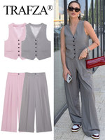 TRAFZA Women Vest Pant Sets Front False Welt Pockets Adjustable Back Strap V-Neck Vests High Waist Trousers Office Lady Suit