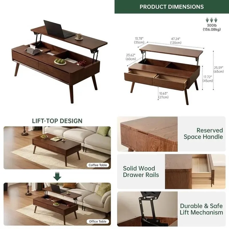 Portable coffee table, pine drawers, hidden storage compartments, rectangles, custom furniture