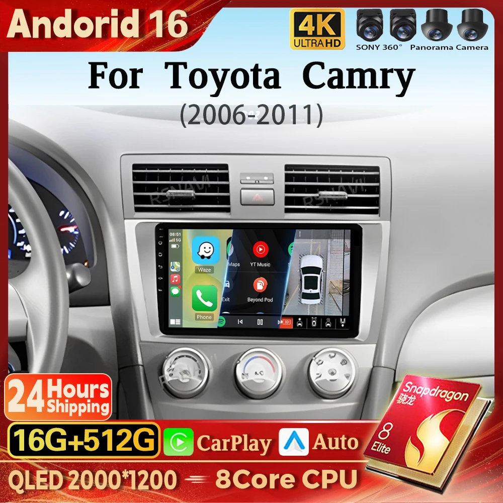 Radio para Auto con Android 16, Navegación, Reproductor Multimedia para Toyota Camry 2006-2011, Carplay, Estéreo para Auto, wifi+4G, video, 16G-512G, BT