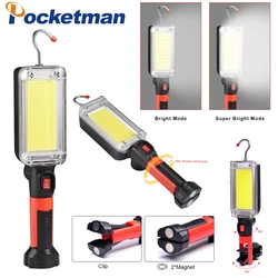 Handheld cob conduziu a luz do trabalho lâmpada de manutenção automática 18650 recarregável lanterna tocha trabalho com gancho ímã