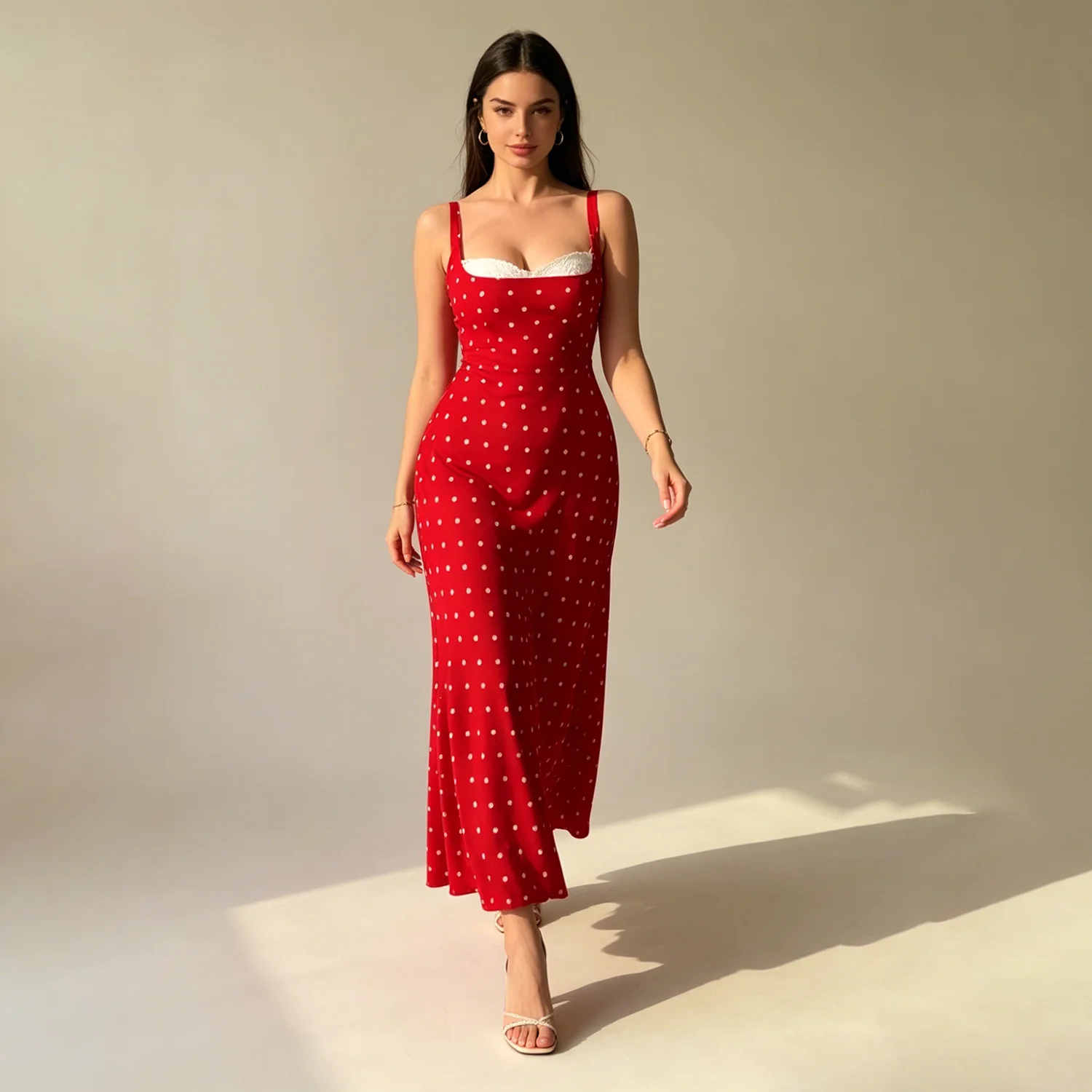 Vestido LIMO con cuello cuadrado, estampado de lunares, busto con ribete de encaje y longitud midi