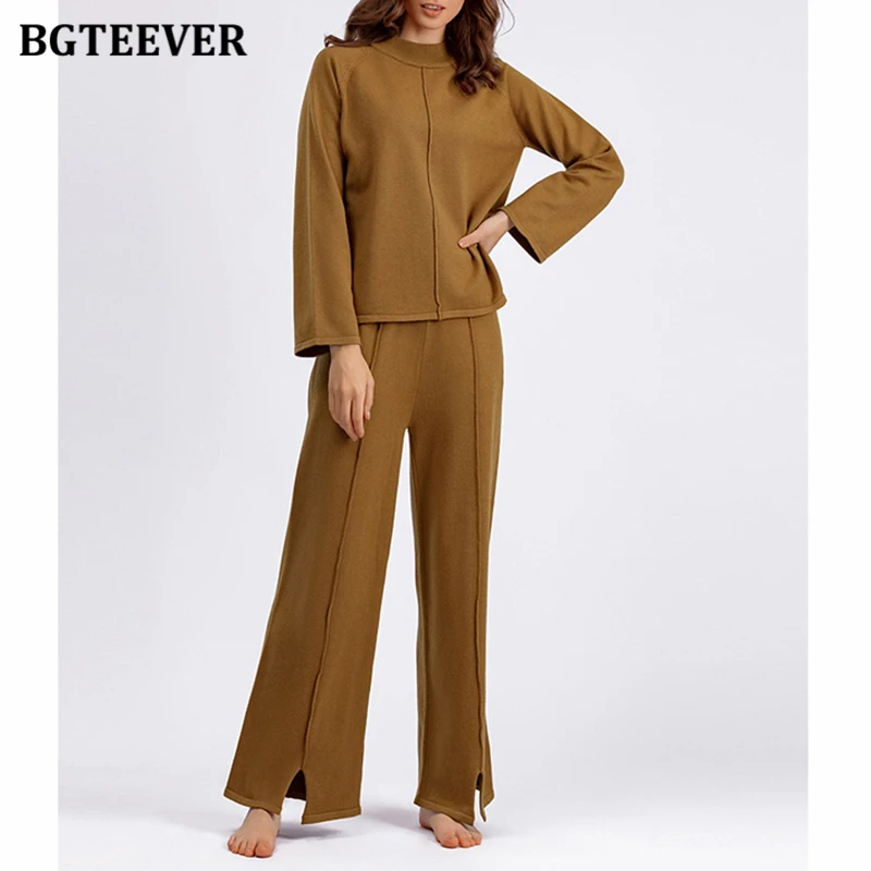 

BGTEEVER 2 Pieces Knitted Pants Outfits Women Pullovers Sweaters Ladies Split Wide Leg Pants Winter Warm Trousers Set Women