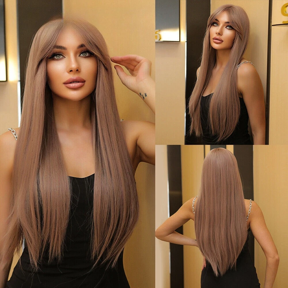 

Ash Purple Long Straight Wigs Women Hair with Bangs Daily Use Natural Cosplay US