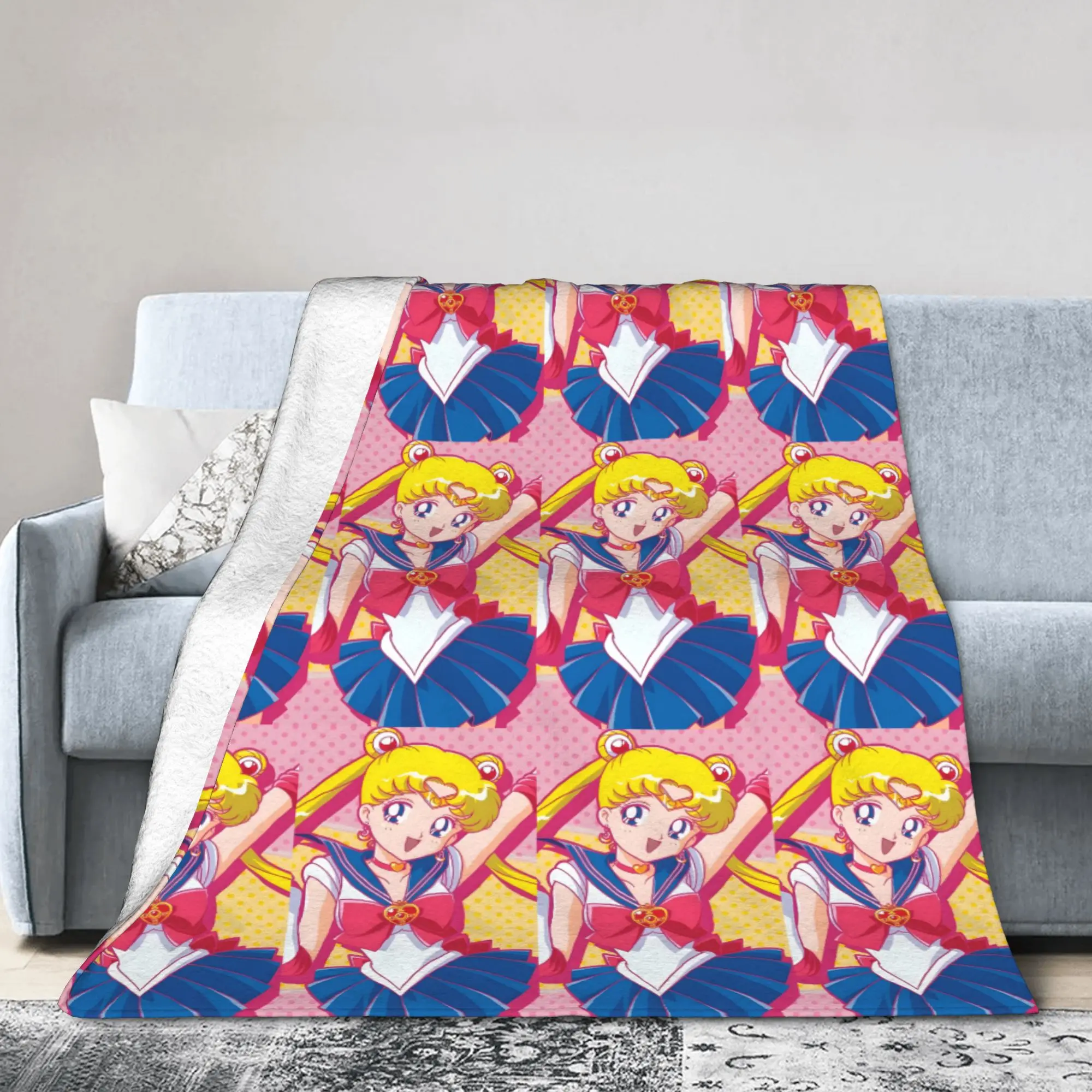Ultra-Soft Fleece Sailors Anime Moons Throw Blanket Warm Flannel Usagi Tsukino Luna Blankets for Bed Office Couch Bedspreads