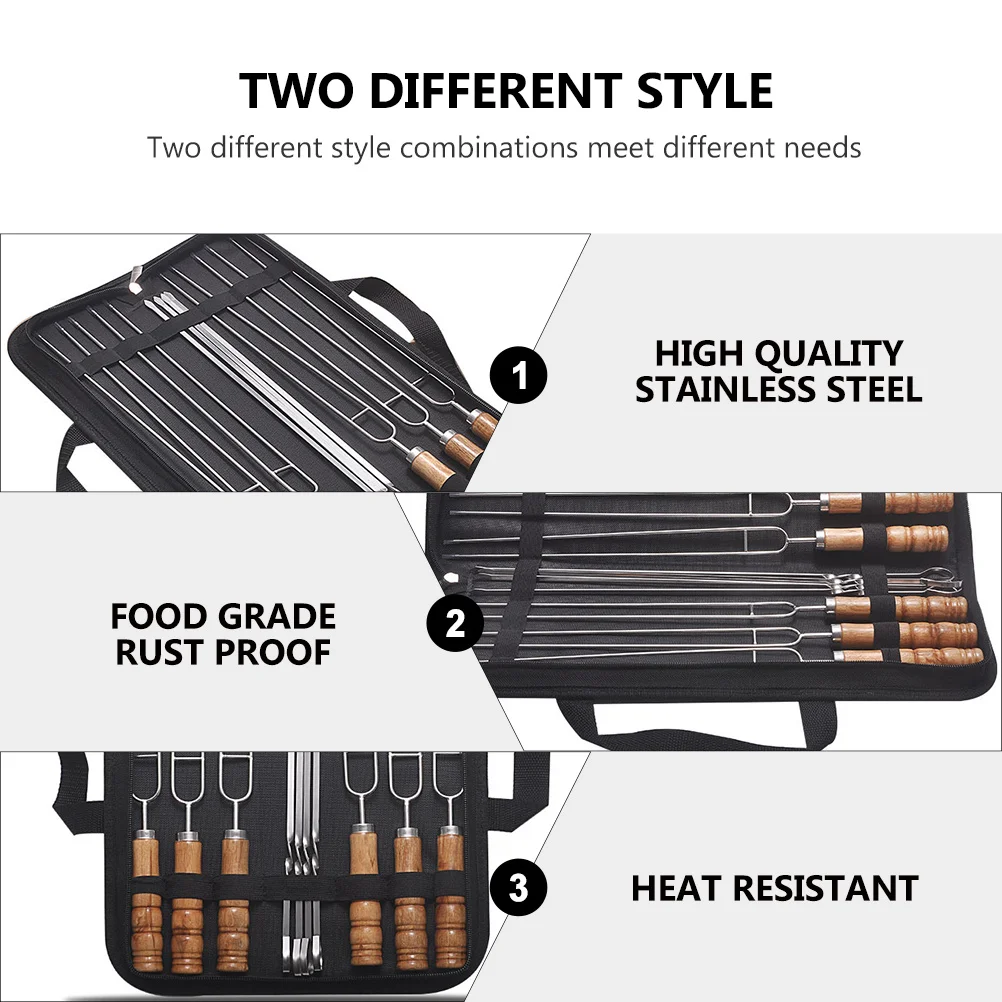 

10Pcs Bbq Skewers Stainless Steel Wood Handle Special Shape Wide Design Effective Grilling Tool Skewer Metal Skewer