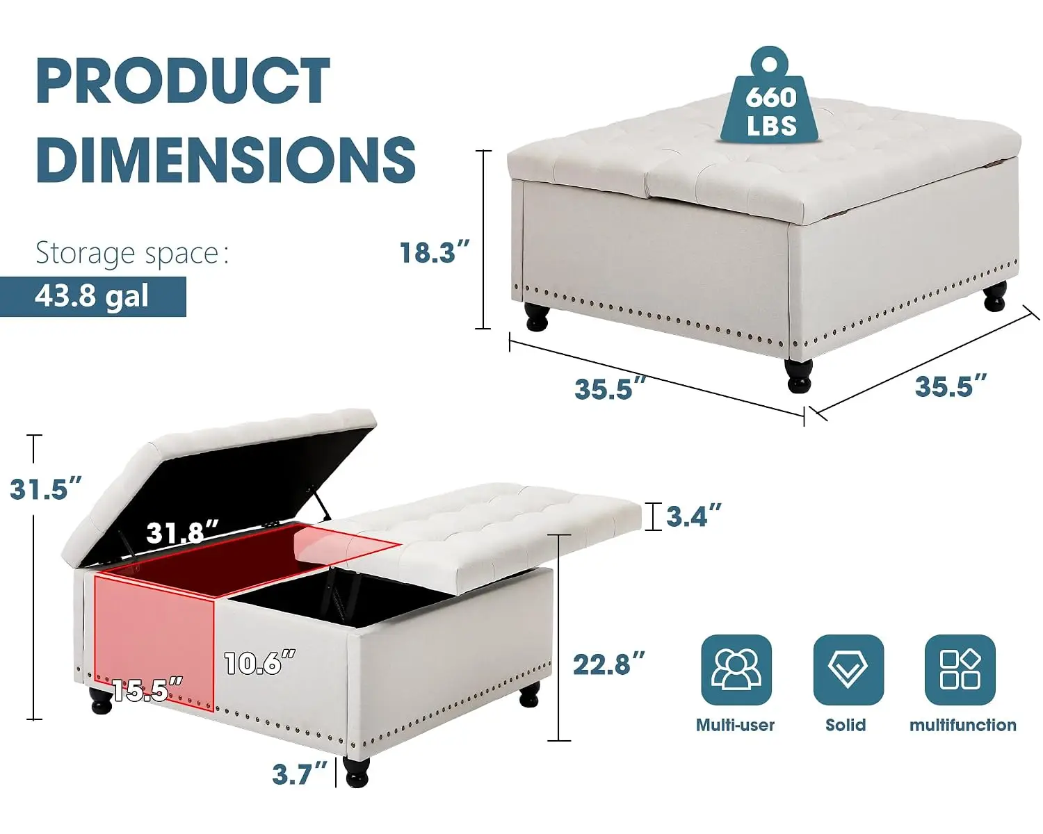 Large Square Storage Ottoman Tufted Upholstered Lift Top Solid Legs Bedroom Living Room Coffee Table Bench Footstool, Customized