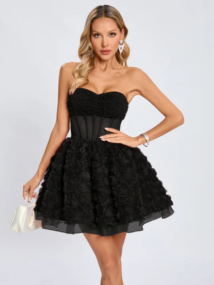 Sexy trägerloses Falten-Perlen-Design, A-Linien-Kleid für Damen, weinrot, ärmellos, Spitze, Blumenmuster, schmale Minikleider, herzförmige Abendparty