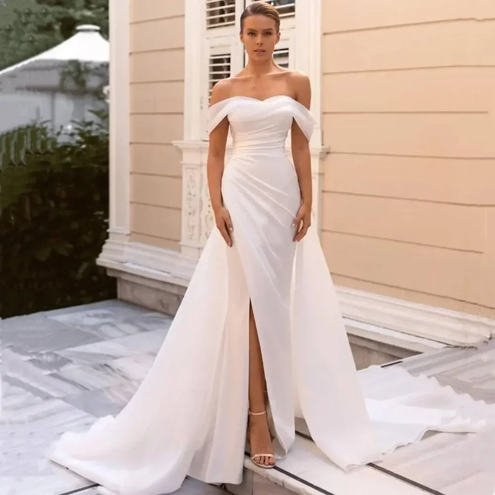 

Off The Shoulder Wedding Dresses With Side Split Pleats Sexy Mermaid Bride Gowns Backless Zipper Train Vestido De Novia