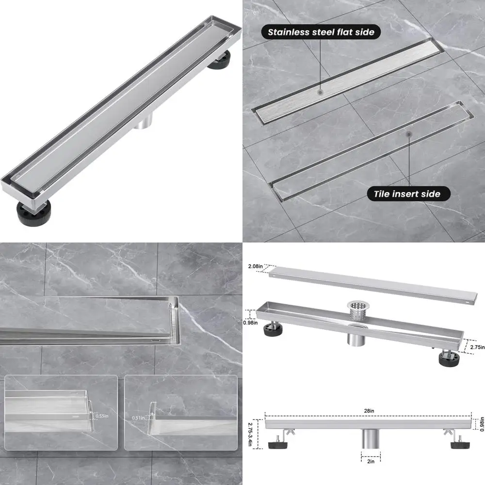 

28 Rectangular Shower Drain, Brushed SS, Tile Insert, Reversible Cover, Hair Catcher, Adjustable Feet