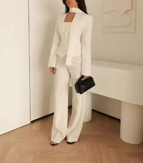 

Fashionable Solid Color V-Neck Scarf Decoration Long Sleeved Casual Suit Jacket, Elegant Women's Temperament Commuting Jacket