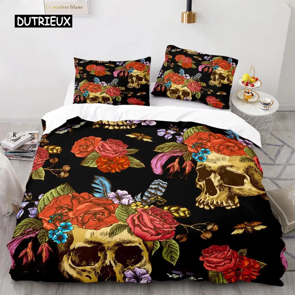 Sugar Skull Duvet Cover King Microfiber Rose Bedding Set Floral Skull Comforter Cover Black Red Orange Skeleton Twin Quilt Cover