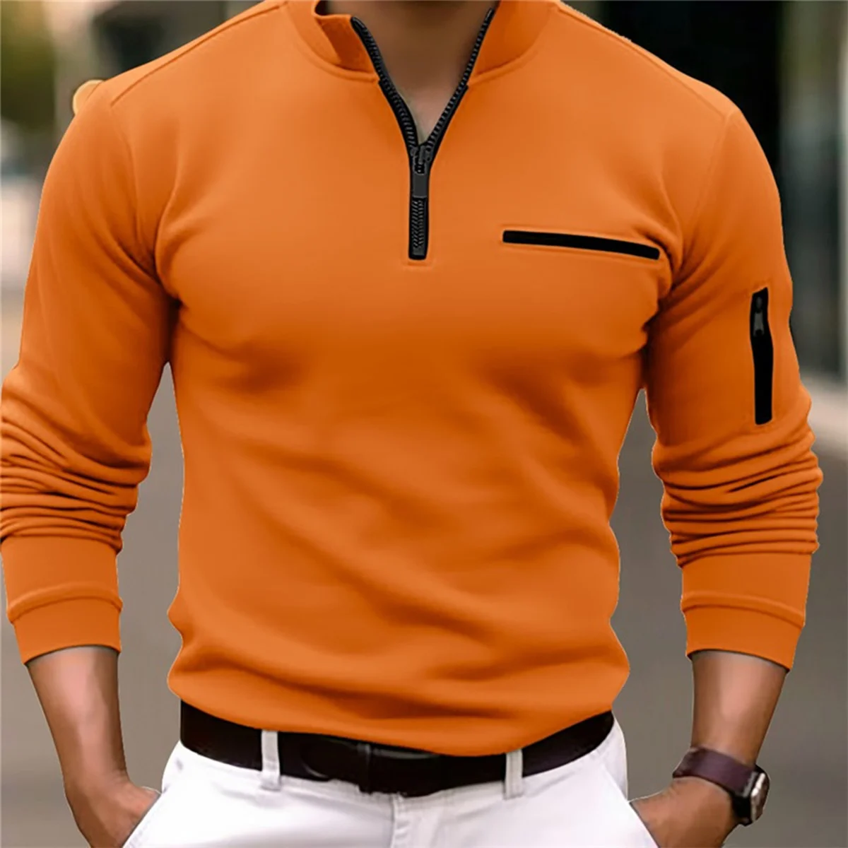 Men\'s Hoodie POLO Shirt Solid Color Long Sleeve Arm Chest Zipper Design Light Ripe Casual Sports Loose Fashion Autumn