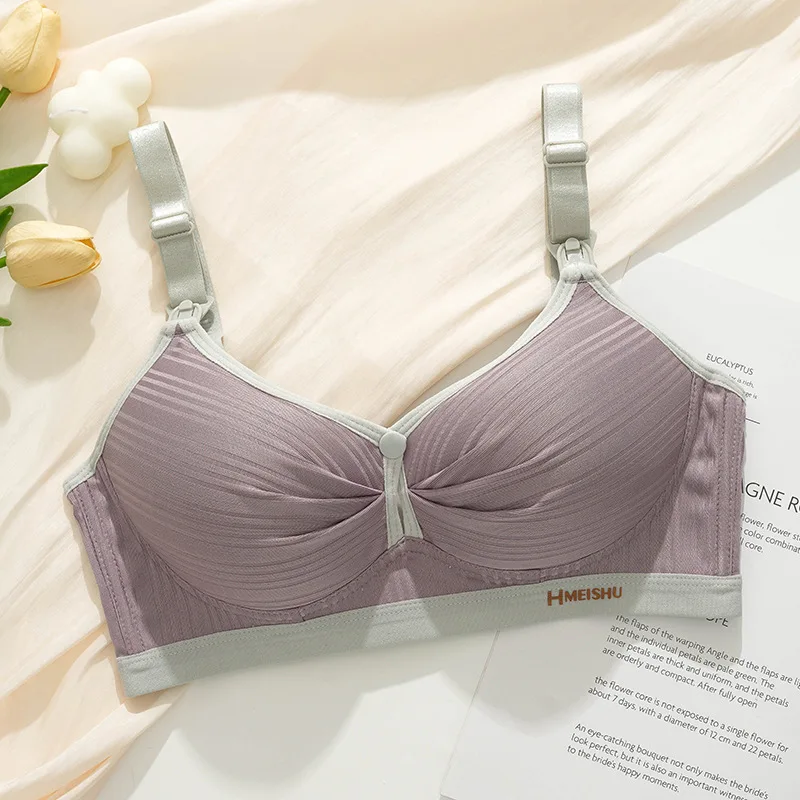 Color-block Woman Brassiere Fixed Double Shoulder Strap Nursing Bra Gathers Prevent Sagging Thin Style Ladies Bra Wireless Daily