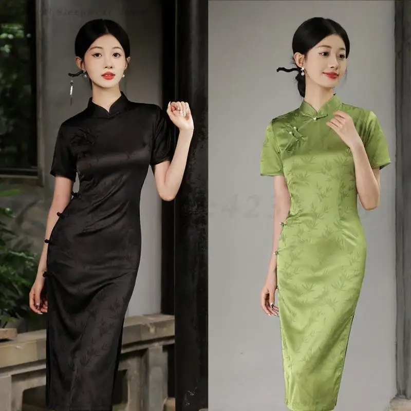 

Chinese Style Dress Tradition Mandarin Collar Cheongsam Lady Summer New Vestidos Large Size 3XL Qipao Elegant Improved Slit Gown