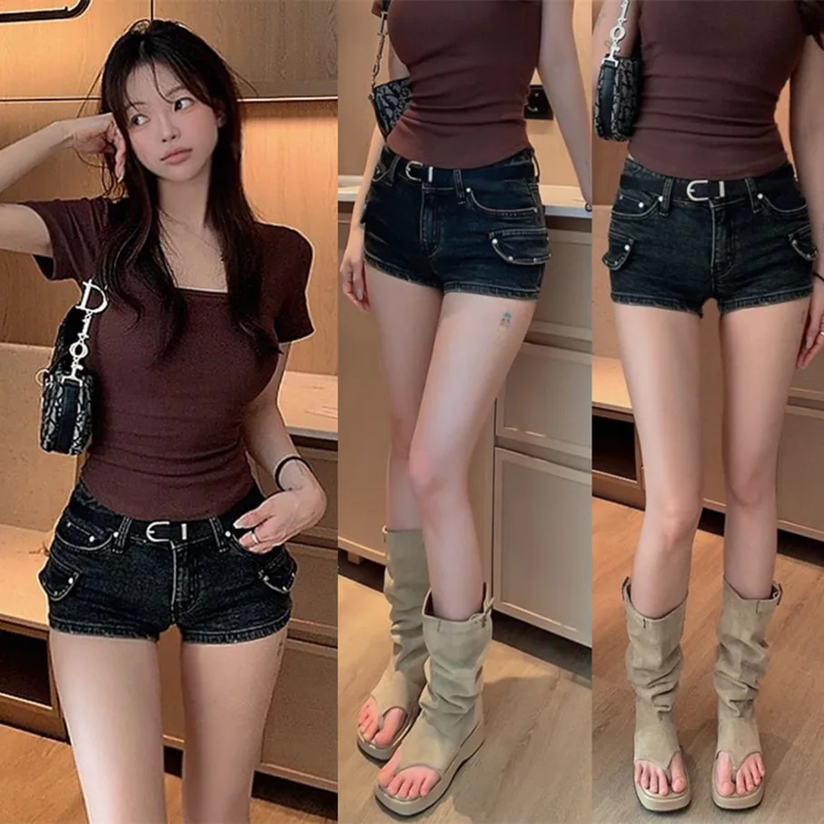 Sexy American Retro Washed Low Waist Black Denim Shorts Women Pure Desire Slimming Long Legs Super Short Shorts Cotton Stretch