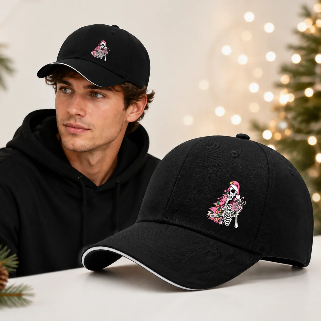 Neutral Christmas skull print baseball cap with personalized pink Christmas tree pattern, suitable for holiday parties