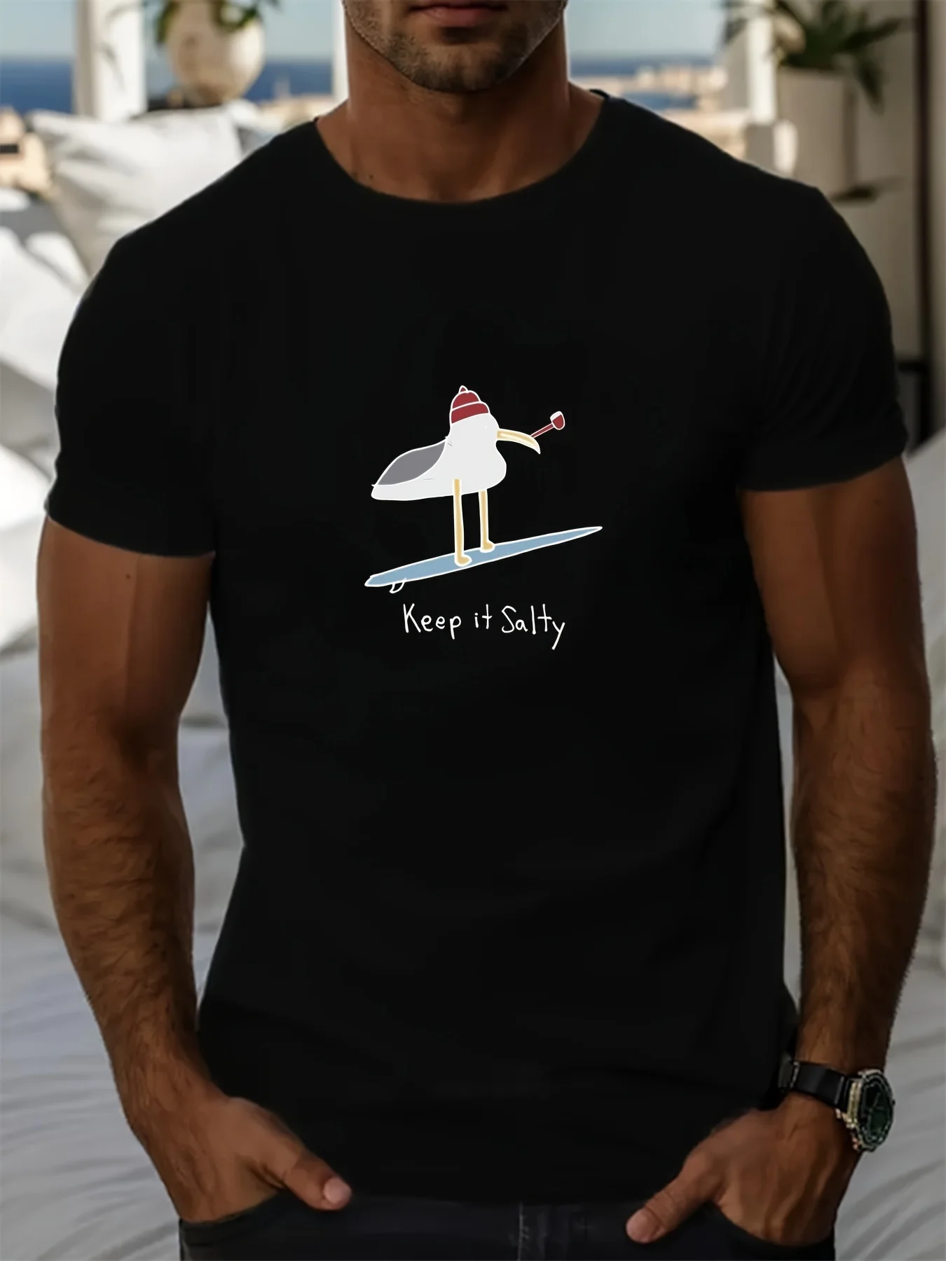 Keep It Salty Men's Cotton T-Shirt - Crew Neck Short Sleeve Summer Tee with Unique Seagull Design, Male Unisex Streetwear Tops