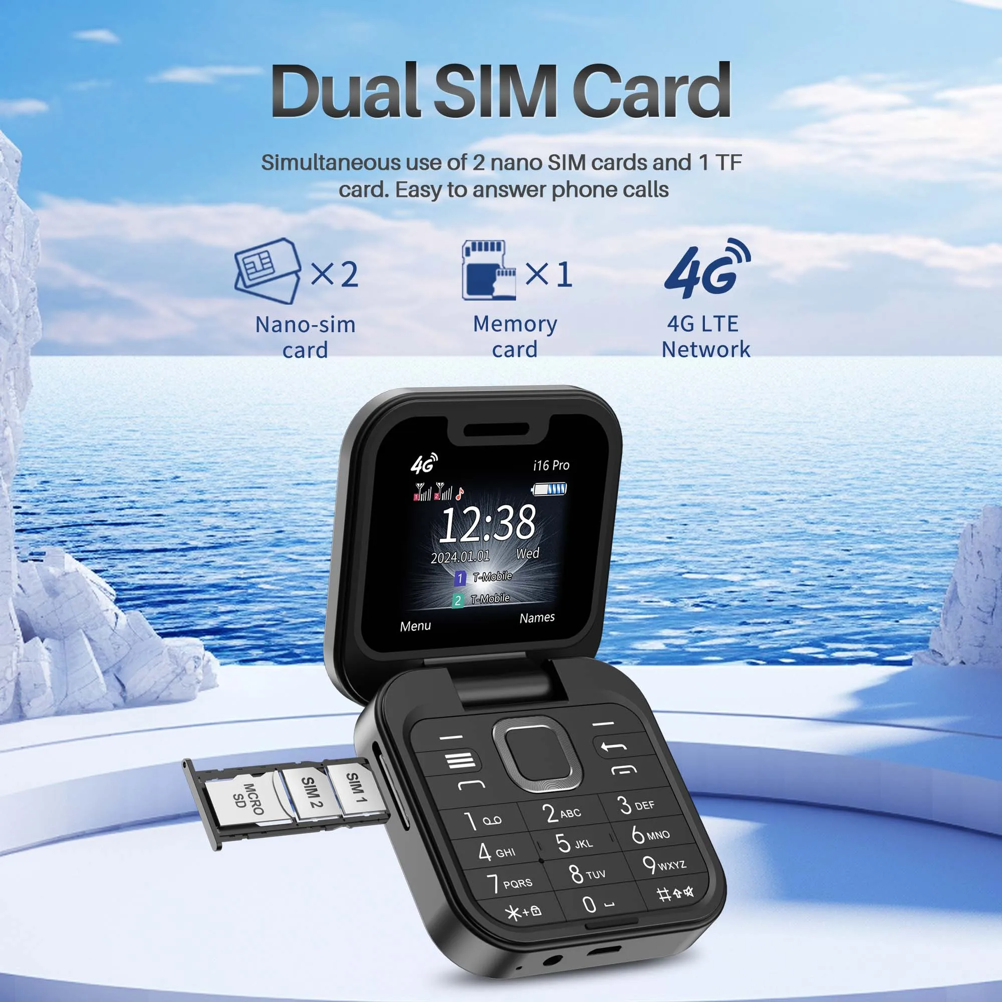 SERVO I16Pro 4G Mini Foldable Feature Cellphone Dual SIM Standby Call Recording Speed Dial FM Radio Blacklist Mobile Phone Torch