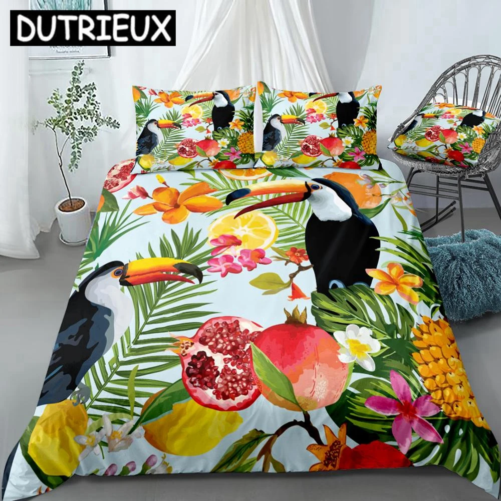 Tropical Fruits And Toucan Duvet Cover Set Pomegranate Lemon Orange Flowers Leaves Bedding Botanical Quilt Cover King Dropship