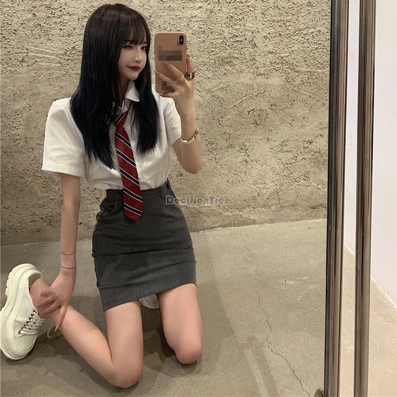 

2024 ins korea style preppy uniform jk Polo tie short sleeve top gray hip skirt suit two pieces women fashion daily uniform w747