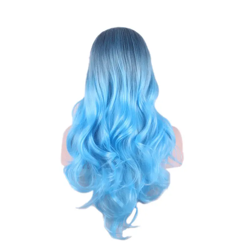 New Women Sapphire Blue Wig Long Curly Hair Wigs