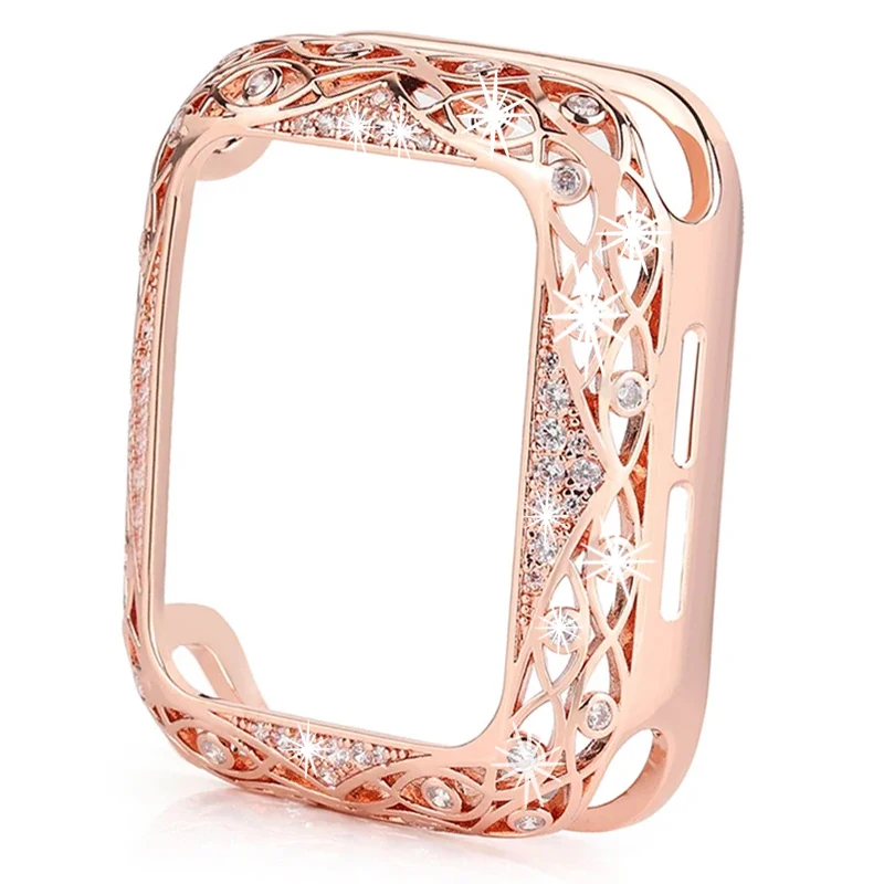 Carved Copper Luxury Bumper for Apple Watch Case 44mm 45mm 41mm 40mm Diamond Bling Cover for iWatch Series 9/8/7/SE/6/5/4/3