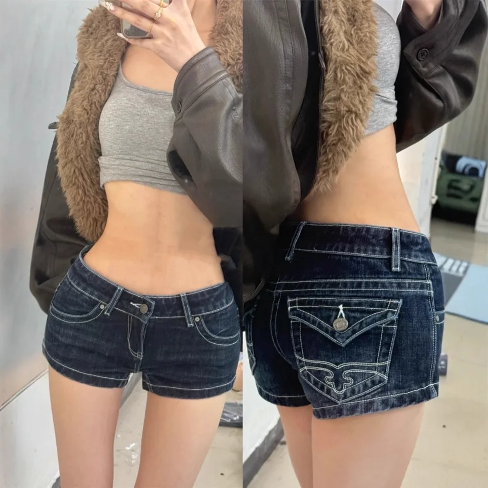 

Vintage Buddha Head Denim Shorts Womens Y2K Sweetheart Fashion Pocket Embroidery Retro Blue Baggy Shorts Casual Mini Shorts