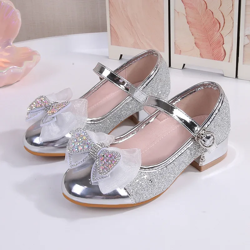 Little Girls Elegant Princess High Heels Rhinestone Bowknot Soft Sole Autumn Party Stage Performance Dress Children's Shoes