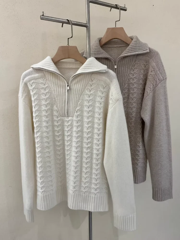 

Lapel Zipper High Neck High Quality Cashmere Pullover