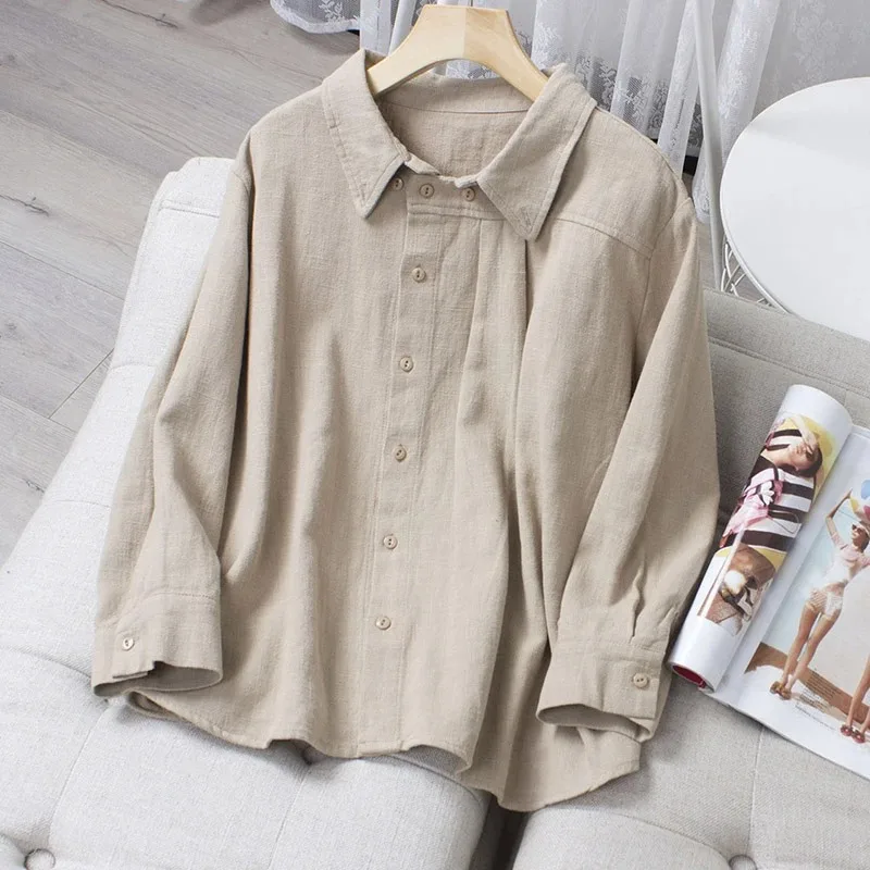 Womens Korean Style Linen Cotton Shirt Loose Slim Solid Lapel Long Sleeve Casual Versatile Blouse