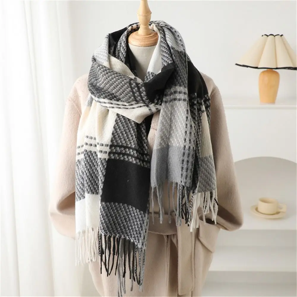 Fashion Winter Warm Tassel Plaid Scarfs Solid Cashmere Imitation Scarves Nordic Style Pashmina for Women