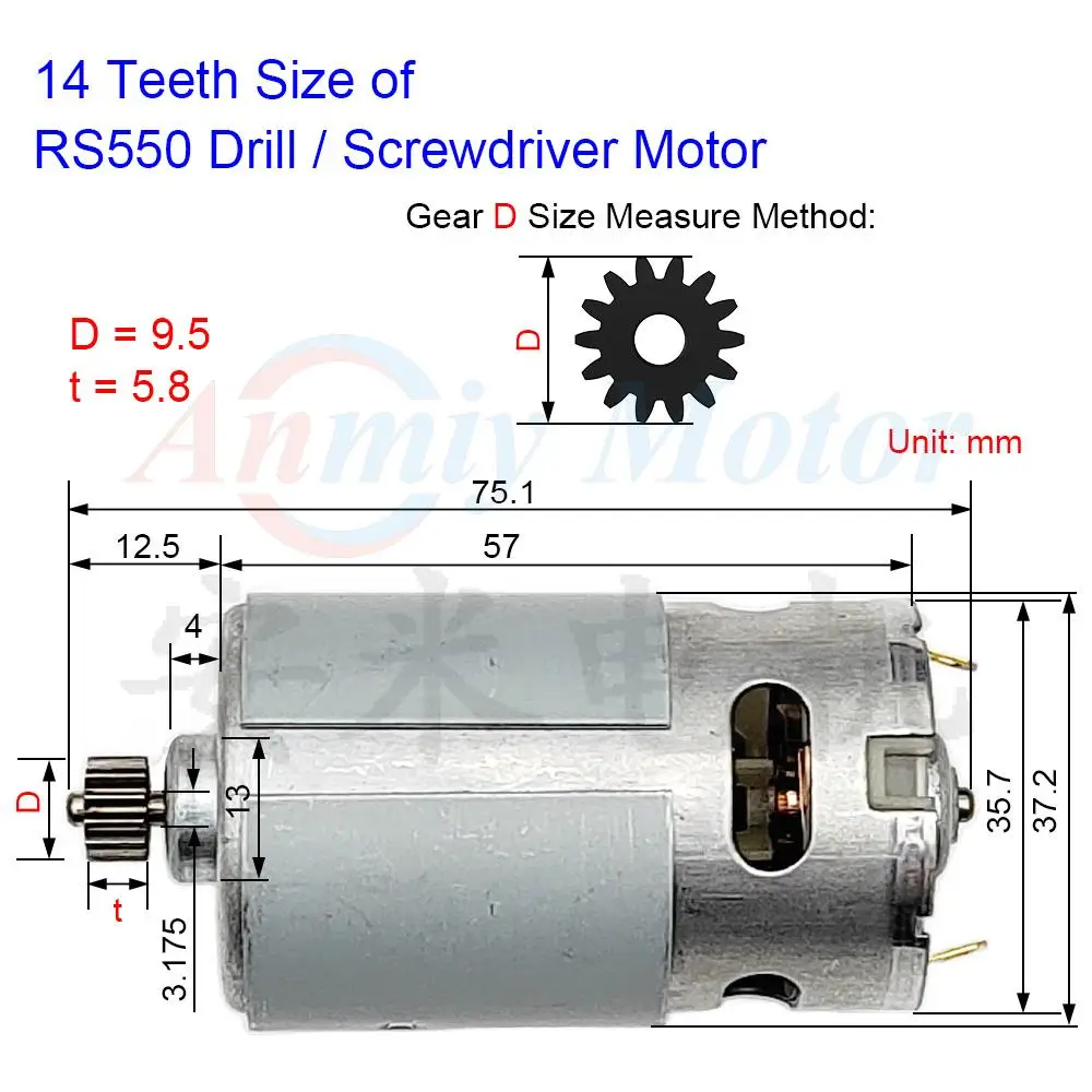 RS550 Drill 14 Teeth 9.6 10.8 12 14.4V 16.8 18 21 25 V DC Motor for Power Tool, Compatible with Cordless Hand Screwdriver