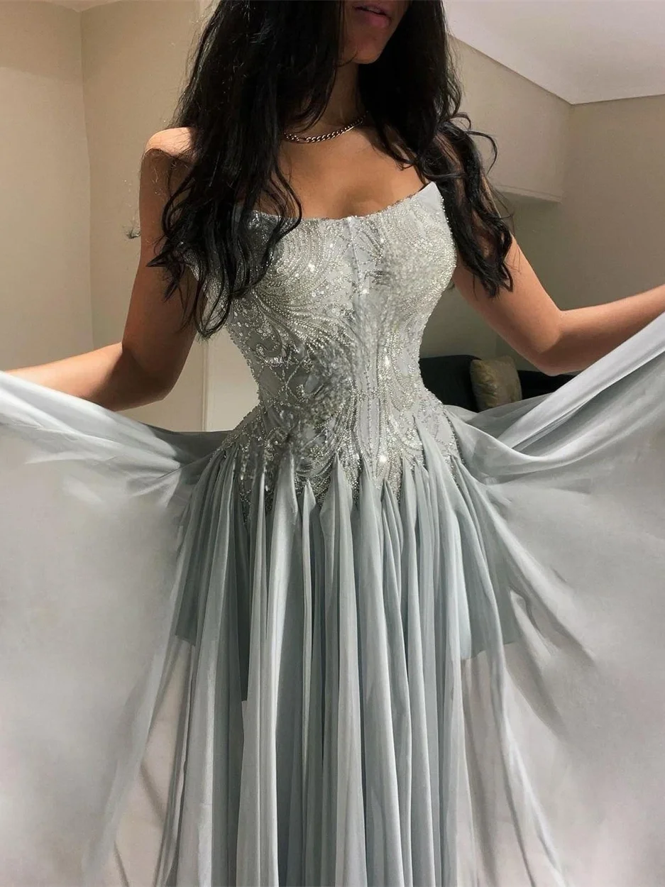 Oisslec Prom Dresses Exquisite Strapless A-line Celebrity Sequin Draped Chiffon Occasion Evening Gown prom dress for black girls