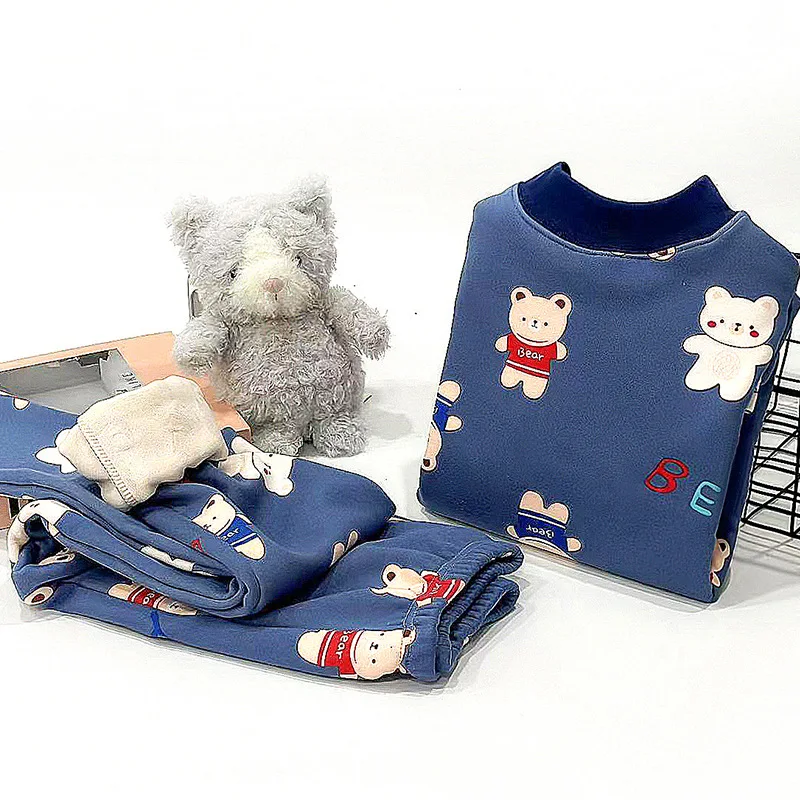 

New Kids Autumn Winter Thicken Warm Pajamas Baby Cute Cartoon Bear Long Sleeve O-neck Sleepwear Boys Girls Casual Clothing Sets