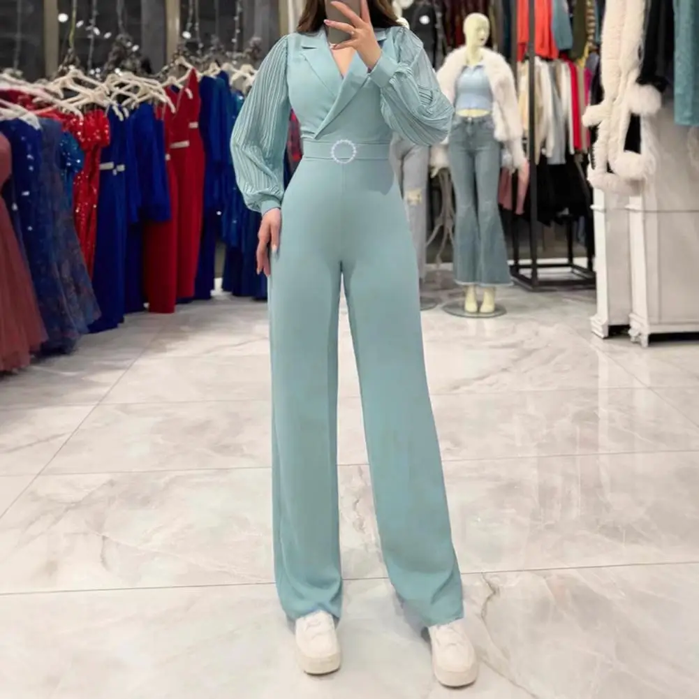 Women Jumpsuit Elegant Women's Formal Jumpsuit with Lantern Sleeves V Neck Wide Leg Chic Office Wear for Spring Fall Casual